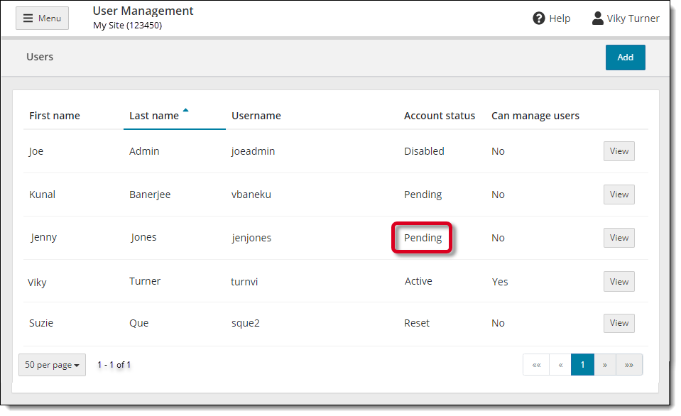 New user listed in alphabetical order by last name.